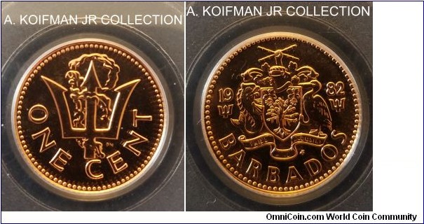 KM-10, 1982 Barbados cent, Franklin mint (FM mintmark in monogram); bronze, reeded edge; bright red, FM uncirculated finish, mintage 1,500, PCGS graded PL68RD.