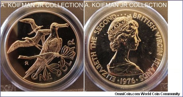 KM-6, 1976 British Virgin Islands dollar, Franklin mint (FM mint mark in monogram); copper-nickel, reeded edge; Elizabeth II, Magnificent Frigate, brilliant uncirculated finish, mintage 996 in sets, PCGS graded PL68.