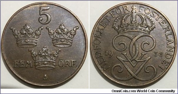 5 Ore (Kingdom of Sweden / King Gustaf V // Bronze 8g) 
