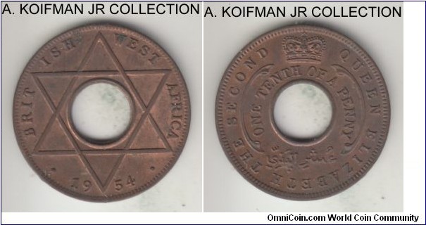 KM-32, 1954 British West Africa 1/10 penny, Royal Mint (London, no mint mark); bronze, holed flan, plain edge; Elizabeth II, last 3-year type, mostly brown uncirculated.