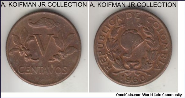 KM-206, 1966 Colombia 5 centavos; bronze, plain edge; common issue, mostly brown almost uncirculated.