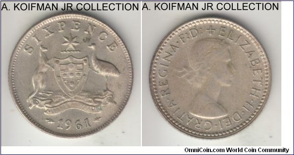 KM-58, 1961 Australia 6 pence, Melbourne (no mint mark); silver, reeded edge; late Elizabeth II, toned extra fine.