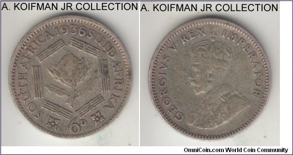 KM-16.2, South Africa 1936 6 pence; silver, reeded edge; George V last type and year, good fine or so.