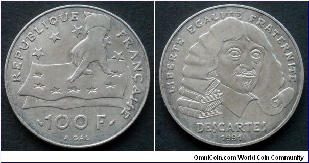 France 100 francs. 1991, Rene Descartes. Ag 900. Weight; 15g. Diameter; 31mm.