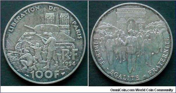 France 100 francs. 1994, 50th Anniversary of the Liberation of Paris. Ag 900. Weight; 15g. Diameter; 31mm.