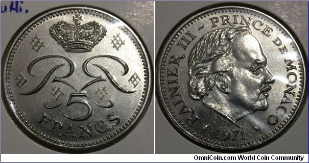 5 Francs (Principality of Monaco / Prince Rainier III // Copper-Nickel / Mintage: 250.000 pcs) 