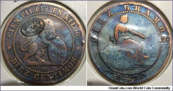 10 Centimos (Provisional Government of the Kingdom of Spain / with Countermark // Bronze 10g)