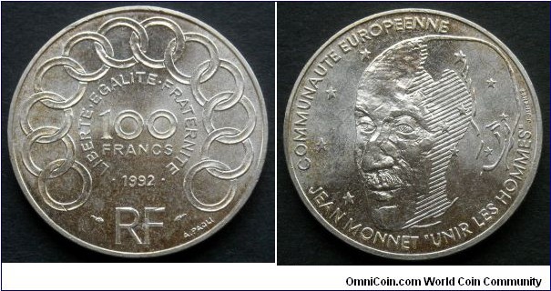 France 100 francs. 1992, Jean Monnet - European Community. Ag 900. Weight; 15g. Diameter; 31mm.