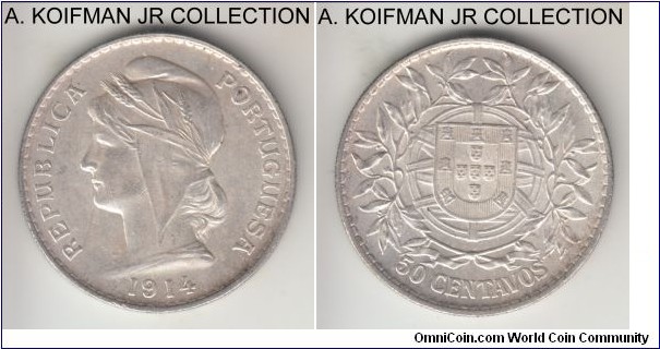 KM-561, 1914 Portugal 50 centavos; silver, reeded edge; early Republican coinage, borderline uncirculated.