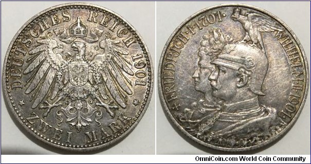 2 Mark (German Empire / Kingdom of Prussia / Kaiser Wilhelm II / 200th Anniversary of the Kingdom of Prussia // SILVER 0.900 / 11.111g / ⌀28mm) 