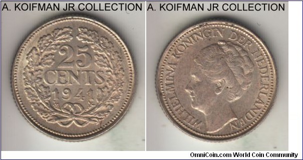 KM-164, 1941 Netherlands 25 cents; silver, reeded edge; Wilhelmina I, common circulation issue, lightly toned uncirculated or almost.