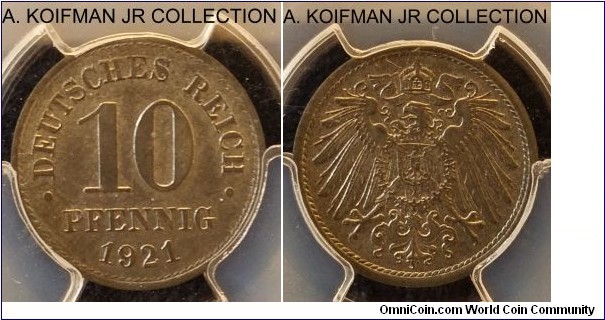 KM-26, 1921 Germany 10 pfennig; zinc, plain edge; considered imperial with the eagle although struck after Wilhelm II abdication, no mint mark variety, PCGS graded MS64.