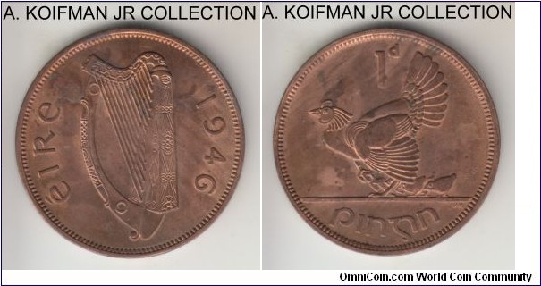 KM-11, 1943 Ireland penny; bronze, plain edge; Irish Republic, red brown uncirculated, somewhat spotty toning.