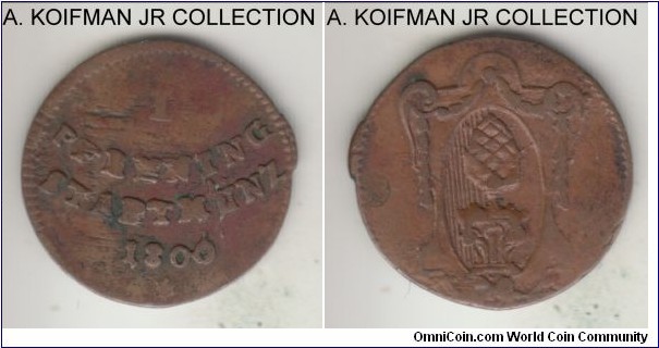 KM-132, 1800 German States Augsburg pfennig; copper, plain edge; Free city, good fine or so details, uneven flan.