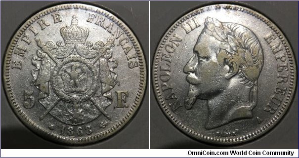 5 Francs (2nd French Empire / Emperor Napoleon III // SILVER 0.900 / 25g / ⌀37mm)