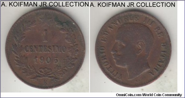 KM-35, 1905 Italy (Kingdom) centesimo, Rome mint (R mint mark); bronze, plain edge; Vittorio Emmanuele III, brown extra fine or about.