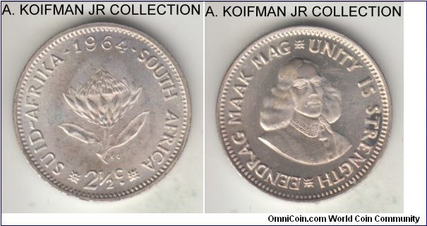KM-58, 1964 South Africa (Republic) 2 1/2 cents; silver, plain edge; Republic transitional coinage, last year and tiny mintage of 14,000 in business strike, choice uncirculated, light overall toning.