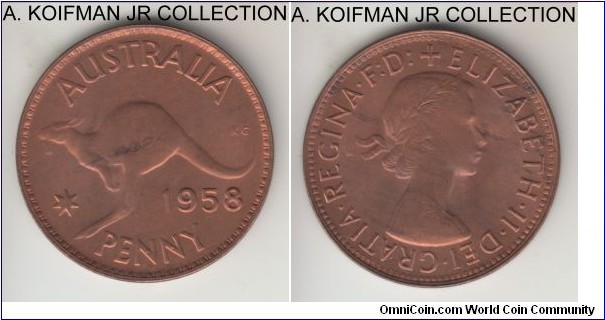 KM-56, 1958 Australia penny, Melbourne mint (no mint mark); bronze, plain edge; Elizabeth II, mostly red uncirculated, small lamination in the middle of reverse.