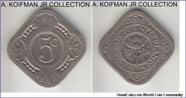 KM-153, 1940 Netherlands 5 cents; copper-nickel, square flan, plain edge; Wilhelmina, almost uncirculated, reverse particularly well preserved with most of the original luster.