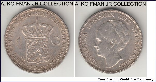 KM-161.1, 1929 Netherlands gulden; silver, incuse lettered edge; Wilhelmina, good very fine details.