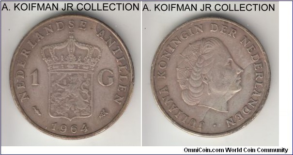 KM-2, 1964 Netherlands Antilles gulden; silver, incuse reeded edge; Juliana, first strike with fish mintmaster mark, very fine details, die break on both sides, unusual for Dutch minted coins