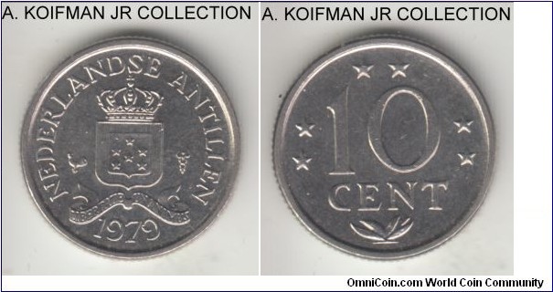 KM-10, 1979 Netherlands Antilles 10 cents; nickel, reeded edge; Juliana, bright uncirculated.