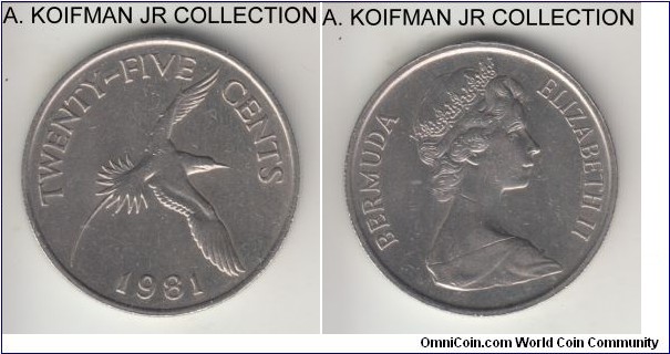 KM-18, 1981 Bermuda 25 cents; copper-nickel, reeded edge; Elizabeth II, common, average uncirculated or almost.