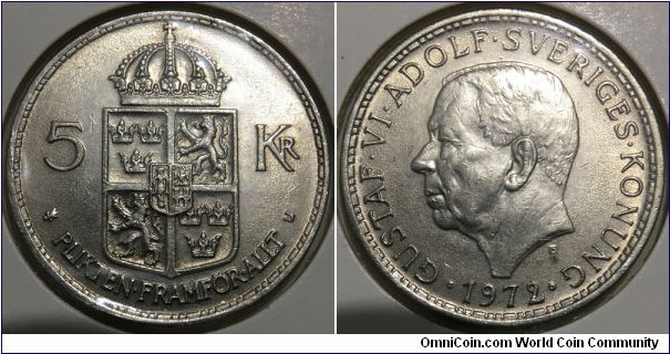 5 Kronor (Kingdom of Sweden / King Gustaf VI Adolf // Copper-Nickel clad Nickel)