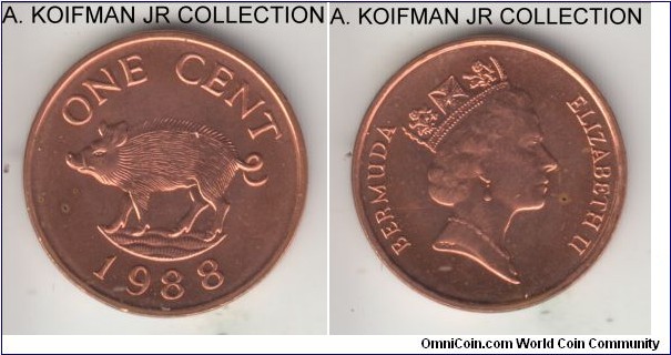 KM-44a, 1988 Bermuda cent; copper plated steel, plain edge; Elizabeth II, magnetic, average uncirculated, few spots.