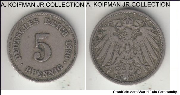 KM-11, 1890 Germany (Empire) 5 pfennig, Muldenhutten mint (E mint mark); copper-nickel, plain edge; common type, average very fine or so.