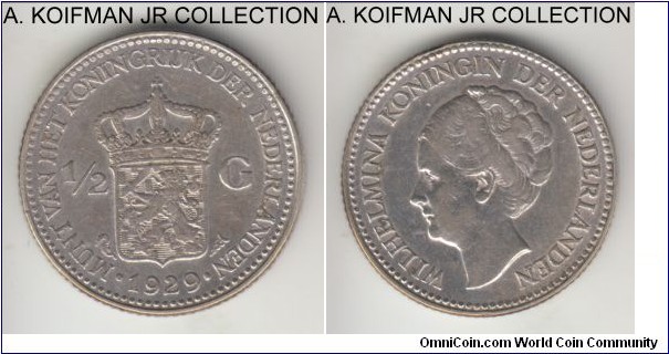 KM-160, 1929 Netherlands 1/2 gulden; silver, reeded edge; Wilhelmina, more common variety with 3 pearls of the diadem under GI, very fine details, cleaned.