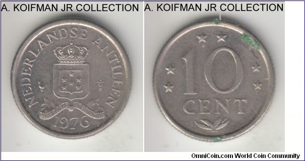 KM-10, 1976 Netherlands Antilles 10 cents; nickel, reeded edge; Juliana, good extra fine, some deposits/dirt around the edge.