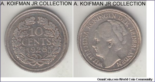 KM-145, 1928 Netherlands 10 cents; silver, reeded edge; Wilhelmina I, common year, very fine or so. 