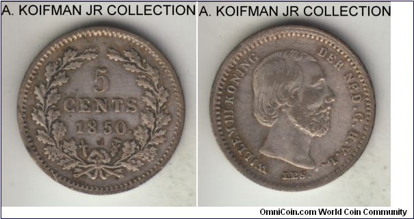 KM-91, 1850 Netherlands 5 cents; silver, reeded edge; Willem III, variaty with dot, good very fine or so, old cleaning on reverse.