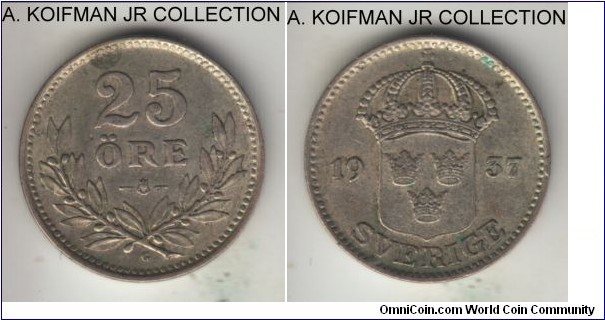 KM-785, 1937 Sweden 25 ore; silver, plain edge; Gustaf V, appears to be a large broken G variety, decent very fine or about.