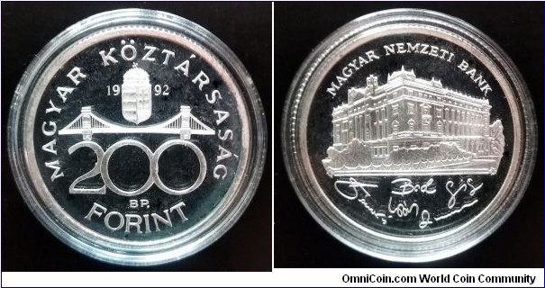 Hungary 200 forint. 1992, National Bank. Ag 500. Weight; 12g. Diameter; 32mm. Proof. Mintage: 29.998 pcs. 