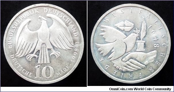 Germany 10 mark. 1998, 350th Anniversary end of 30 Years War - Peace of Westphalia. Ag 925. Weight; 15,5g. Diameter; 32,5mm.