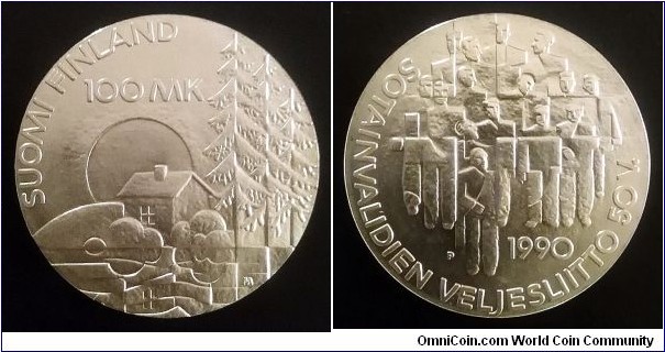 Finland 100 markkaa. 1990, 50 Years of Disabled Veterans Organization. Ag 830. Weight; 24g. Diameter; 35mm. Mintage: 100.000 pcs.