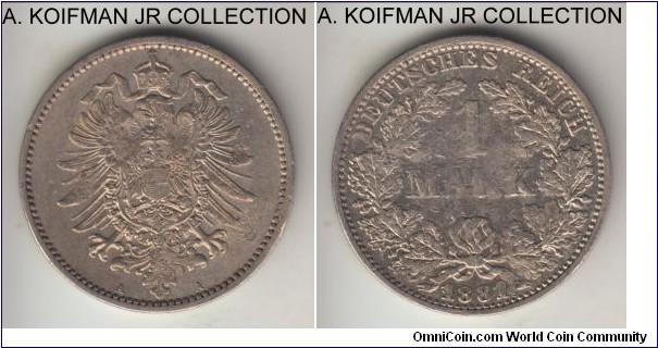 KM-7, 1881 Germany (Empire) mark, Berlin mint (A mint mark); silver, reeded edge; Wilhelm I, common year/mint with nice almost uncriculated reverse and obverse that shows some damage, possibly ex-jewelry.