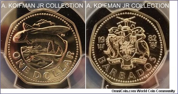 KM-14.1, 1982 Barbados dollar, Franklin mint (FM mintmark in monogram); copper-nickel, 7-sided flan, plain edge; FM uncirculated finish, mintage 600, PCGS graded PL67.