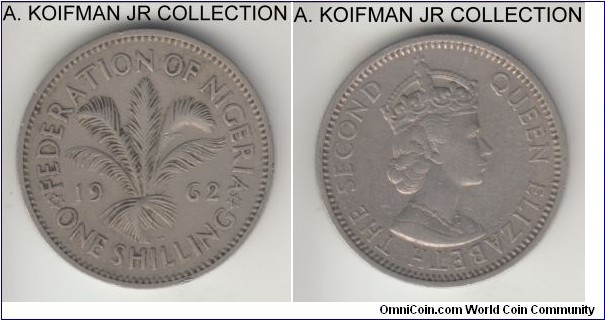 KM-5, 1962 Federation of Nigeria shilling; copper-nickel, security reeded edge; Elizabeth II, short lived pre-independence coinage, very fine or about.