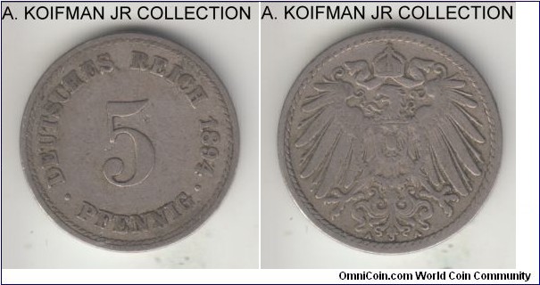 KM-11, 1894 Germany 5 pfennig, Berlin mint (A mint mark); copper-nickel, plain edge; Wilhelm I, average fine.