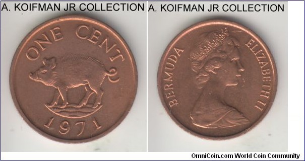 KM-15, 1971 Bermuda cent; bronze, plain edge; Elizabeth II, average red uncirculated, some contact marks on obverse.