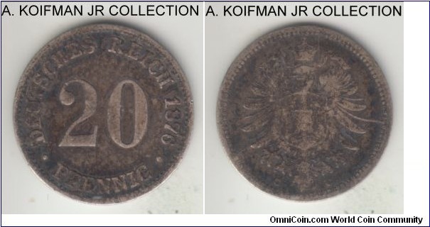 KM-5, 1876 Germany 20 pfennig, Frankfurt mint (C mint mark); silver, reeded edge; Wilhelm I, early unification 5-year type, common mint, very dark toned fine or about.