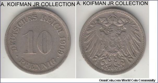 KM-12, 1909 Germany (Empire) 10 pfennig, Stuttgart mint (F mint mark); copper-nickel, plain edge; Wilhelm II, scarcer mint in a year of generally low mintages, very fine.