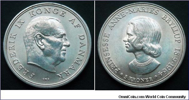 Denmark 5 kroner. 1964, Frederik IX. Wedding of Princess Anne Marie. Ag 800. Weight; 17g. Diameter; 33mm.