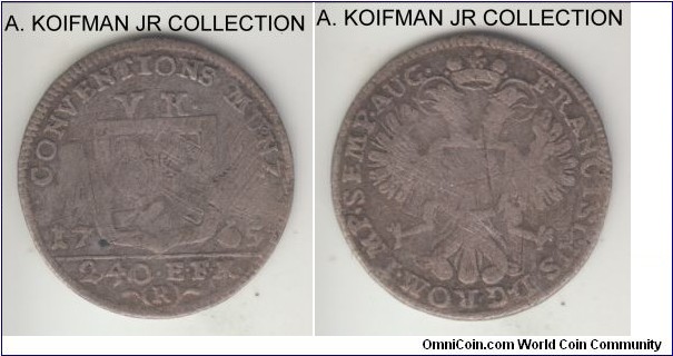KM-337, 1765 German States Nuremberg 5 konventionskreuzer; silver; Free imperial city of Nuremberg convention issue, scarce 3-year type, very good.