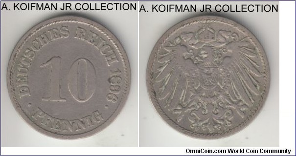 KM-12, 1896 Germany (Empire) 10 pfennig, Stuttgart mint (F mint mark); copper-nickel, plain edge; Wilhelm II, common type and mint mark, very fine details, dirty.
