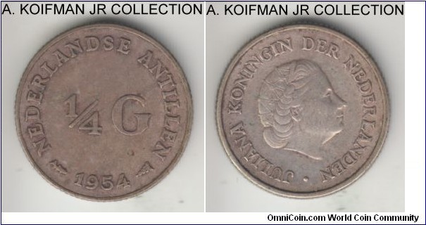 KM-4, 1954 Netherlands Antilles 1/4 gulden; silver, reeded edge; Juliana, first year of the type and scarcer, good very fine to extra fine, overall toned.