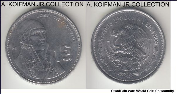 KM-496, 1984 Mexico peso; stainless steel, reeded edge; modern Republic, first year of the common circulation issue, variety with engraver's initials, good extra fine to almost uncirculated.